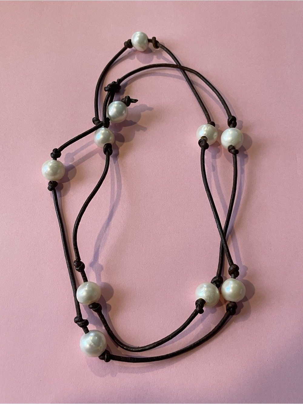 Vintage Genuine Pearl Leather Cord Knotted Bead Necklace #9486